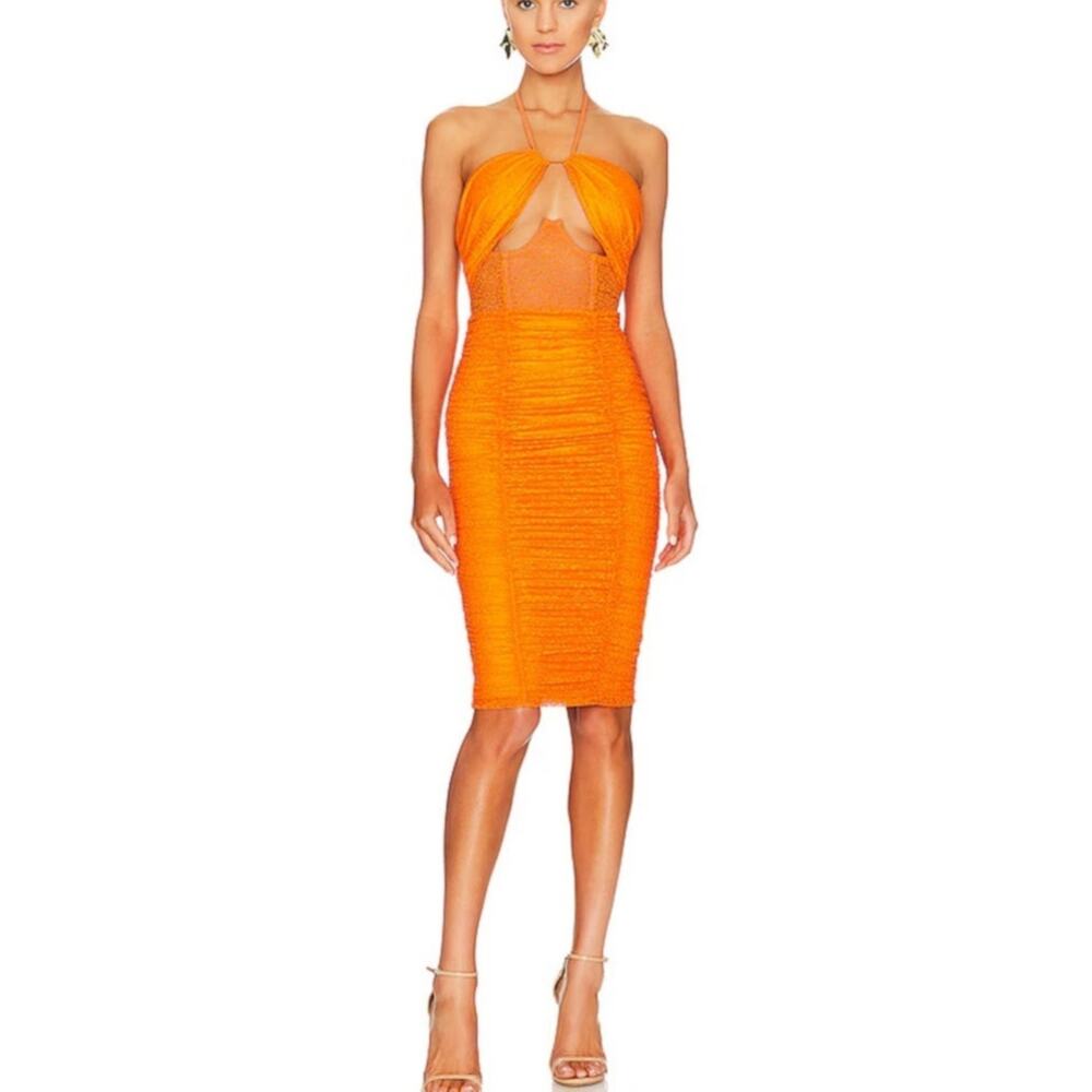 NDB REVOLVE Natti Lace Ruched Halter Midi Dress In Bright Orange NWT Sz S
